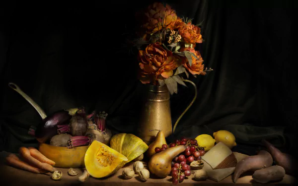 Still life HD wallpaper featuring an orange flower bouquet in a vase surrounded by grapes, gourds, vegetables, and fruits against a dark background.