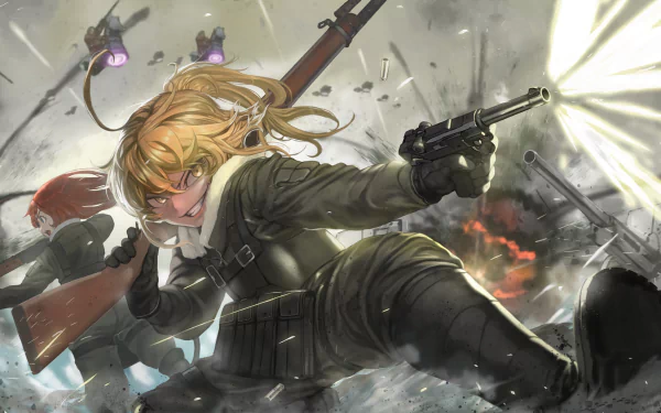 HD anime wallpaper featuring Viktoriya Ivanovna Serebryakov and Tanya Degurechaff from Youjo Senki in an intense battle scene with dynamic action and vivid colors.