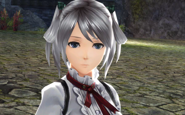 Close-up of a silver‑haired female character from the video game God Eater 2 Rage Burst, anime-style in a white outfit with red ribbon on a stone courtyard — 4K Ultra HD PC desktop wallpaper.