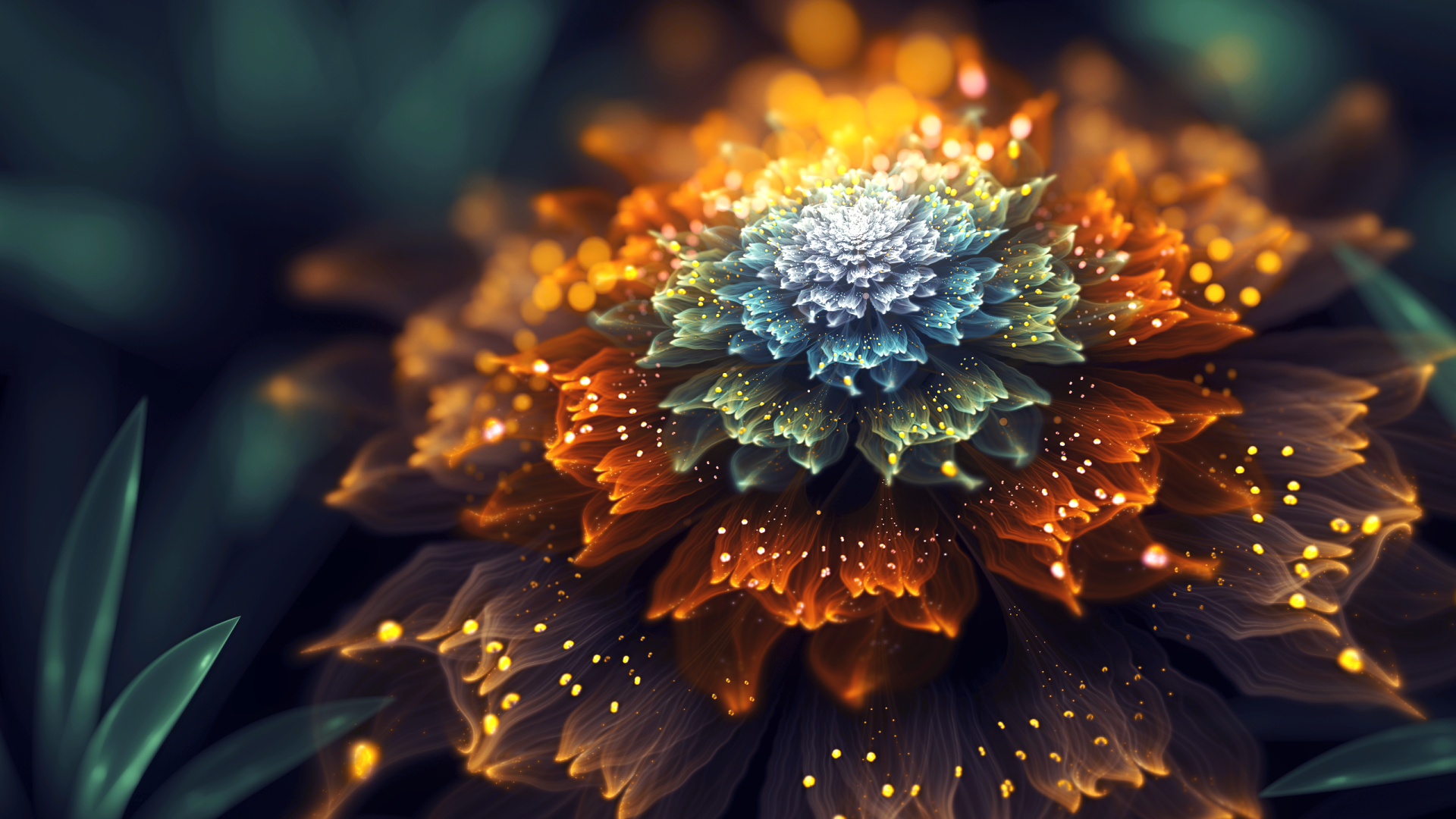 A vibrant, trippy fractal flower with rich orange and light colors. This HD desktop wallpaper features an abstract, intricate design creating a visually stunning background.