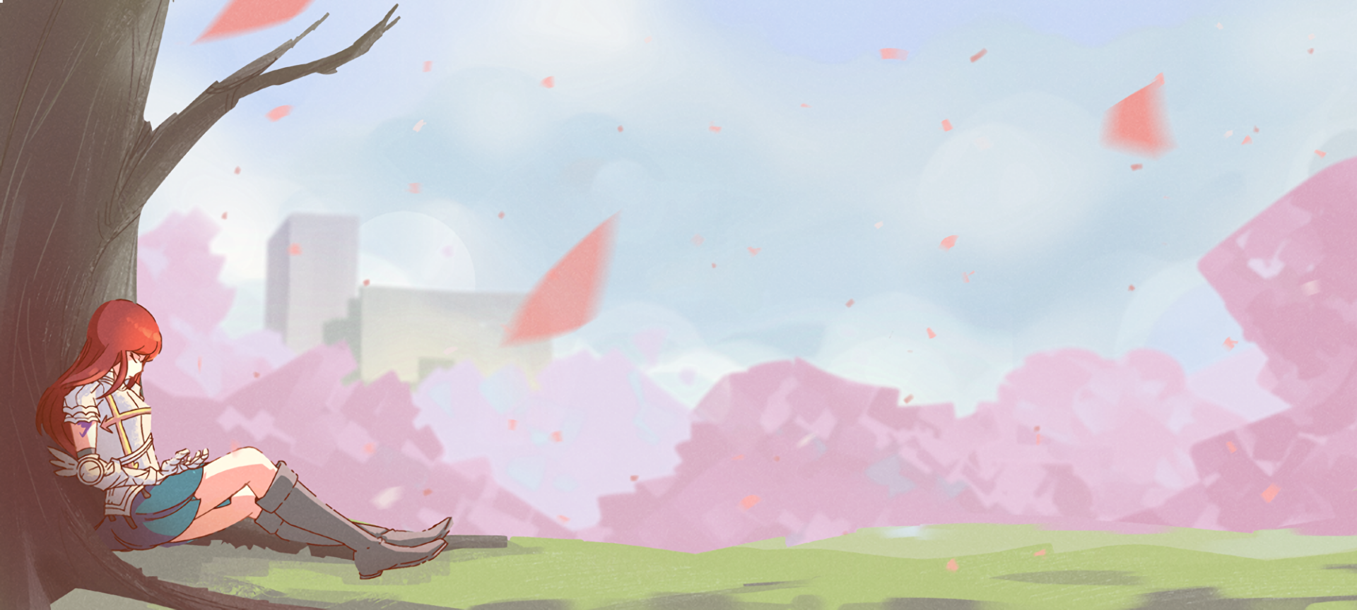 HD anime desktop wallpaper featuring Erza Scarlet from Fairy Tail sitting by a blooming tree with pink petals falling gently against a soft sky backdrop.