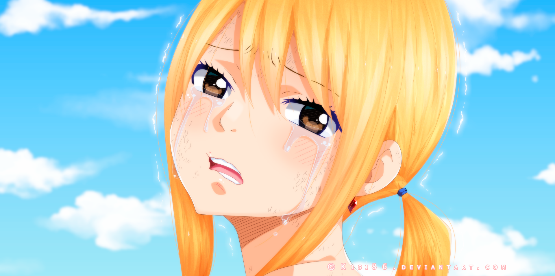 HD PC desktop wallpaper of Lucy Heartfilia (Fairy Tail): close-up anime portrait with blond hair and tearful eyes against a bright blue sky background.
