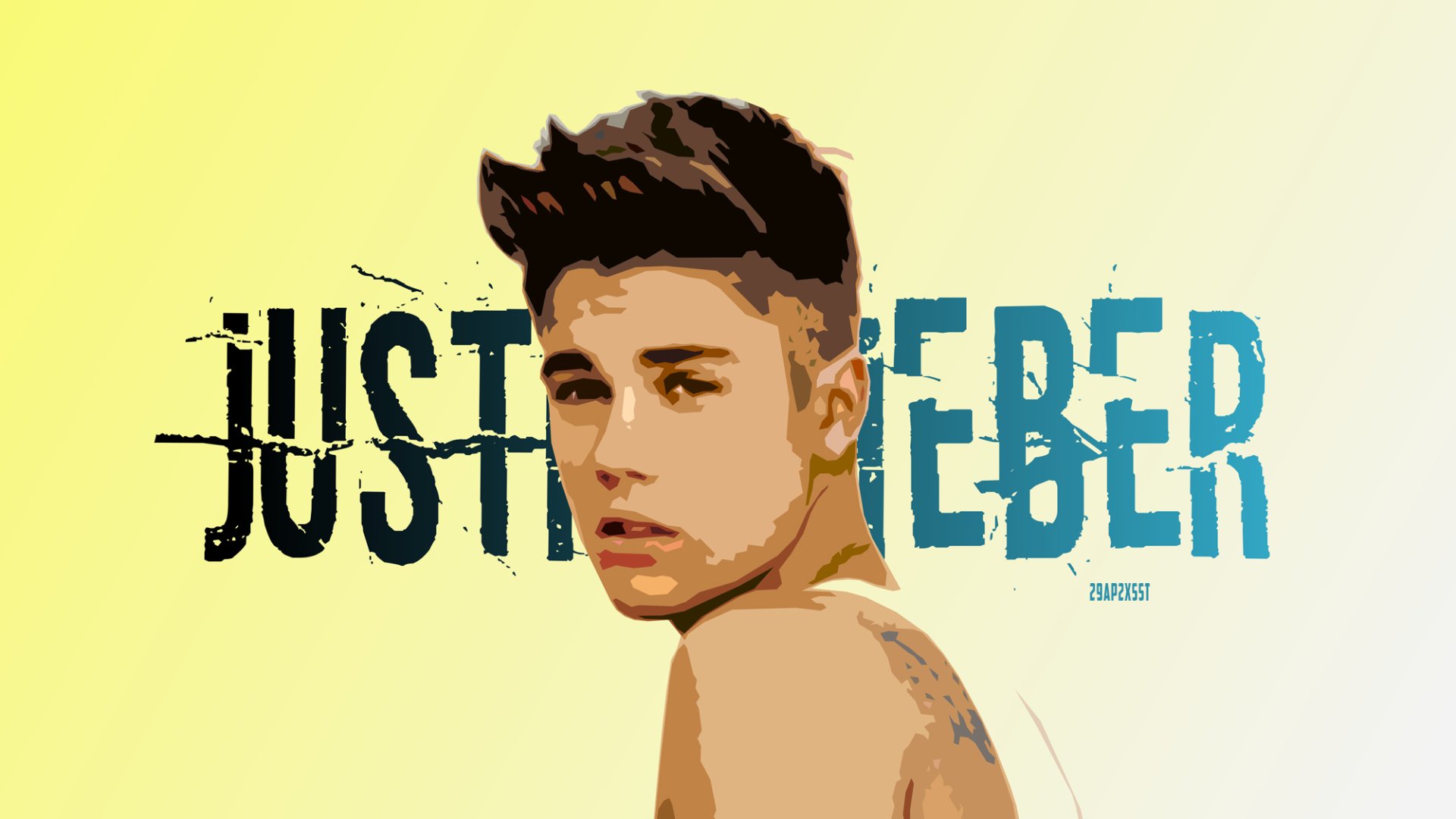 HD portrait wallpaper of musician Justin Bieber with bold text JUSTIN BIEBER in the background.