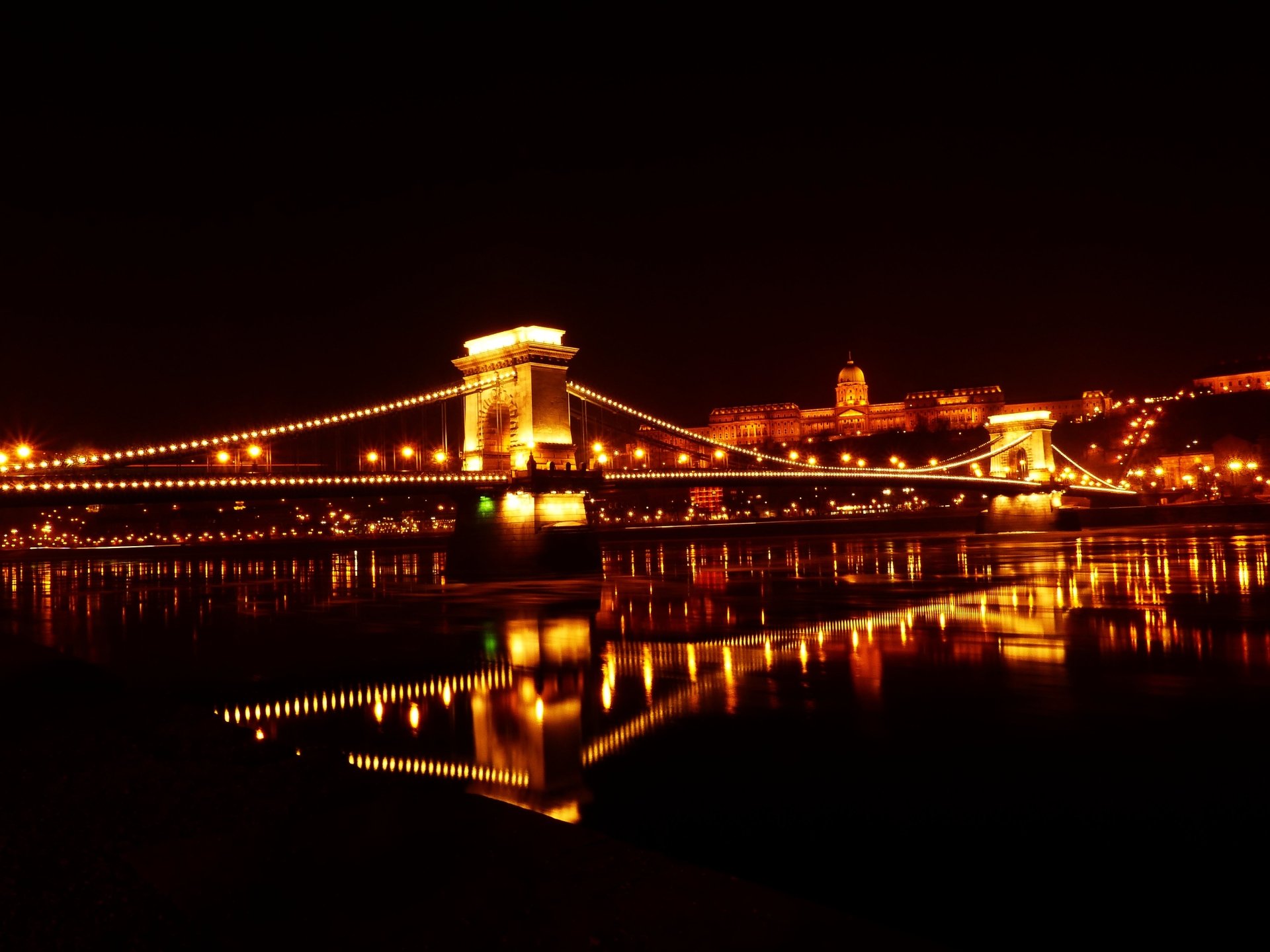 Download Reflection Light Bridge Night Budapest Hungary Man Made Chain Bridge 4k Ultra HD Wallpaper