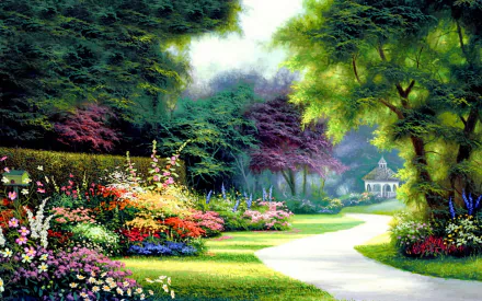 A vibrant spring scene featuring a colorful gazebo surrounded by blossoming flowers and lush trees, with a winding path inviting exploration. Artistic HD painting for desktop wallpaper.