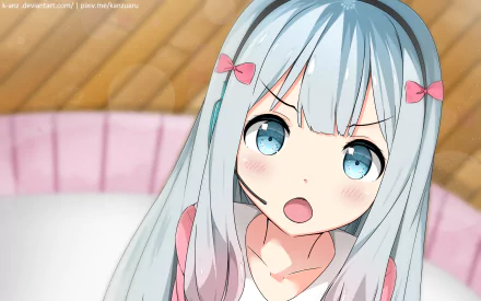 HD desktop wallpaper featuring Sagiri Izumi from the anime EroManga-Sensei. The character has blue hair with pink bows and a surprised expression.