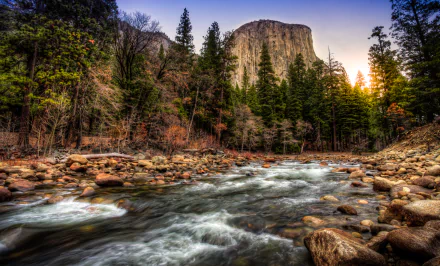 4K Ultra HD desktop wallpaper showcasing a forest river flowing past rocky cliffs with towering trees under a clear sky at sunset.