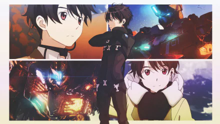 HD PC desktop wallpaper of Inaho Kaizuka (Aldnoah.Zero) — three-panel anime composition with close-ups, full-body pose and glowing mecha amid fiery and twilight sci-fi backdrops.