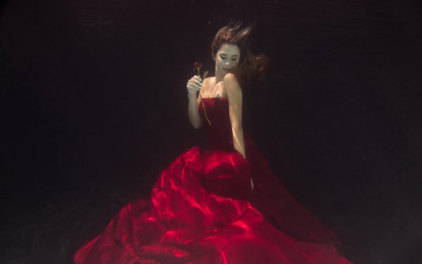 Women Mood Red Dress Red Rose Rose Underwater Brunette HD Wallpaper | Background Image