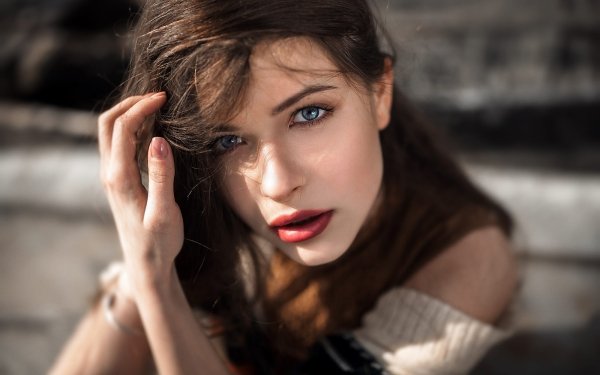 Women Face Model Brunette Lipstick Blue Eyes HD Wallpaper | Background Image