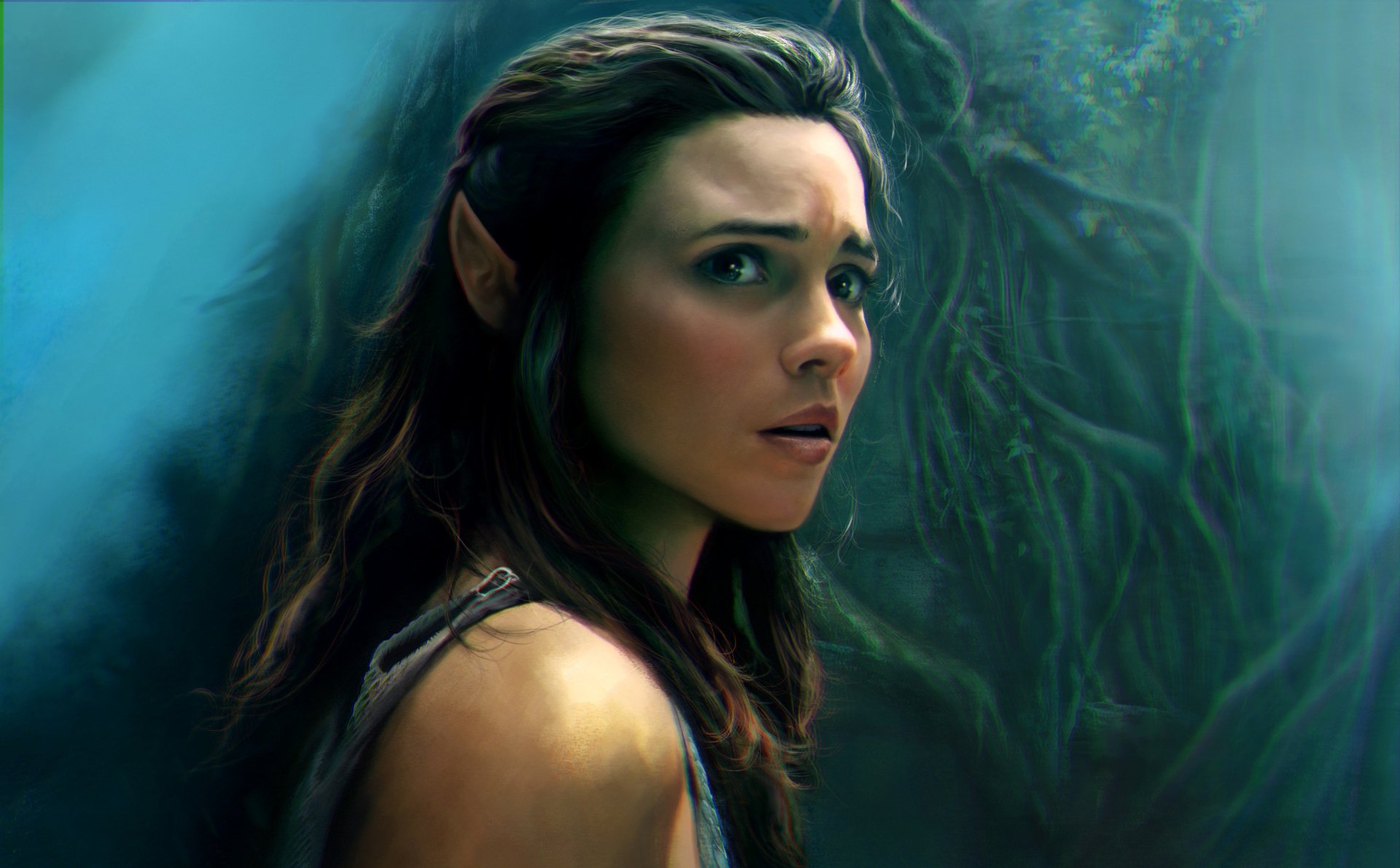 Amberle Elessedil from The Shannara Chronicles — a pensive elven woman with pointed ears standing in a misty forest, 2K Quad HD PC desktop wallpaper.