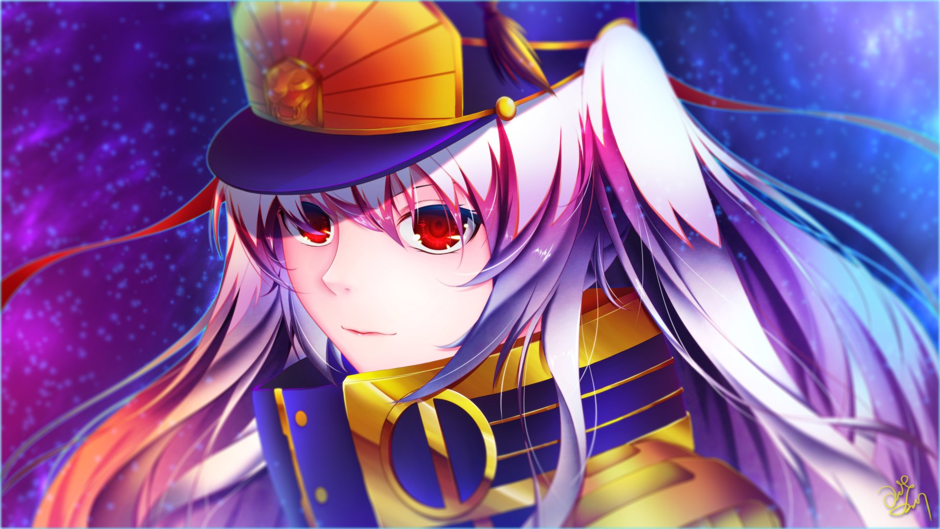 A vibrant 4K Ultra HD wallpaper featuring Gunpuku no Himegimi from Re:Creators, showcasing a character with striking red eyes and an elaborate military-inspired outfit.