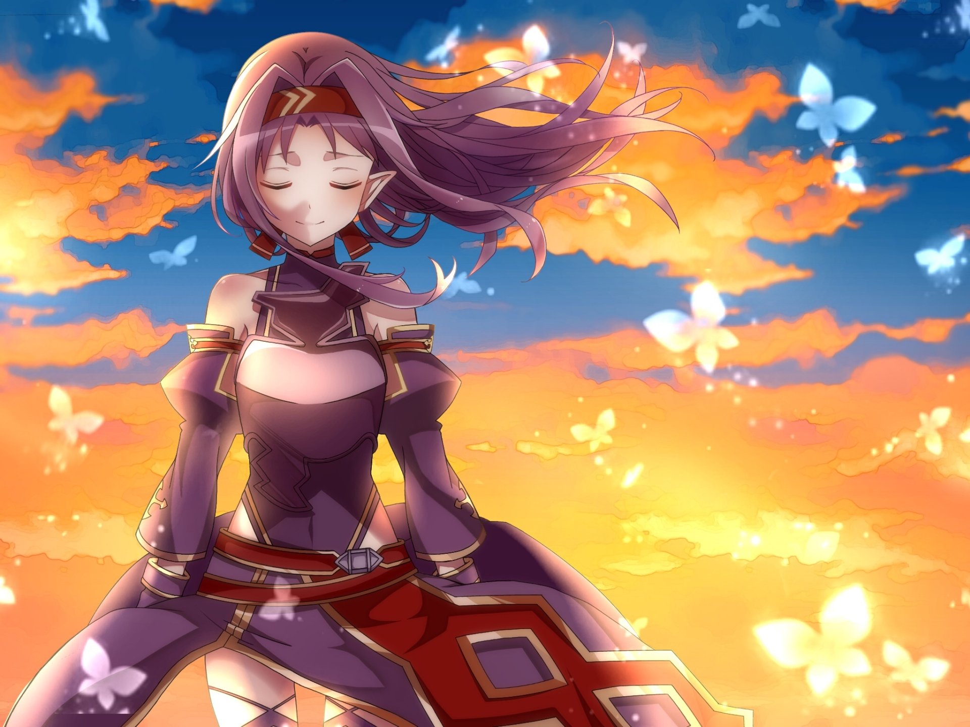 Anime character Yuuki Konno from Sword Art Online II in a serene HD wallpaper, set against a vibrant sunset sky with butterflies floating around.