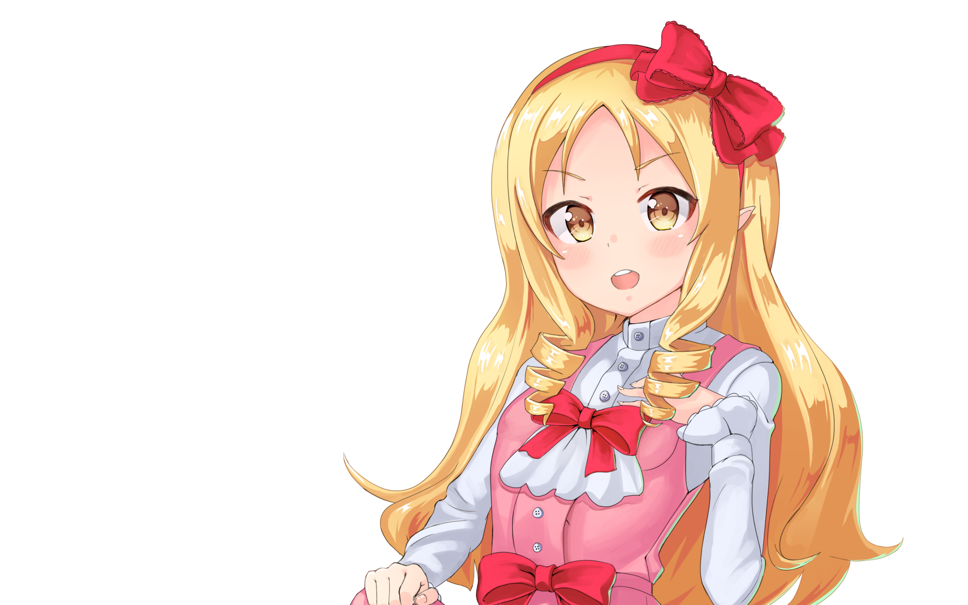 HD anime desktop wallpaper featuring Elf Yamada from EroManga-Sensei with long blonde hair, a red bow, and a pink and white outfit.