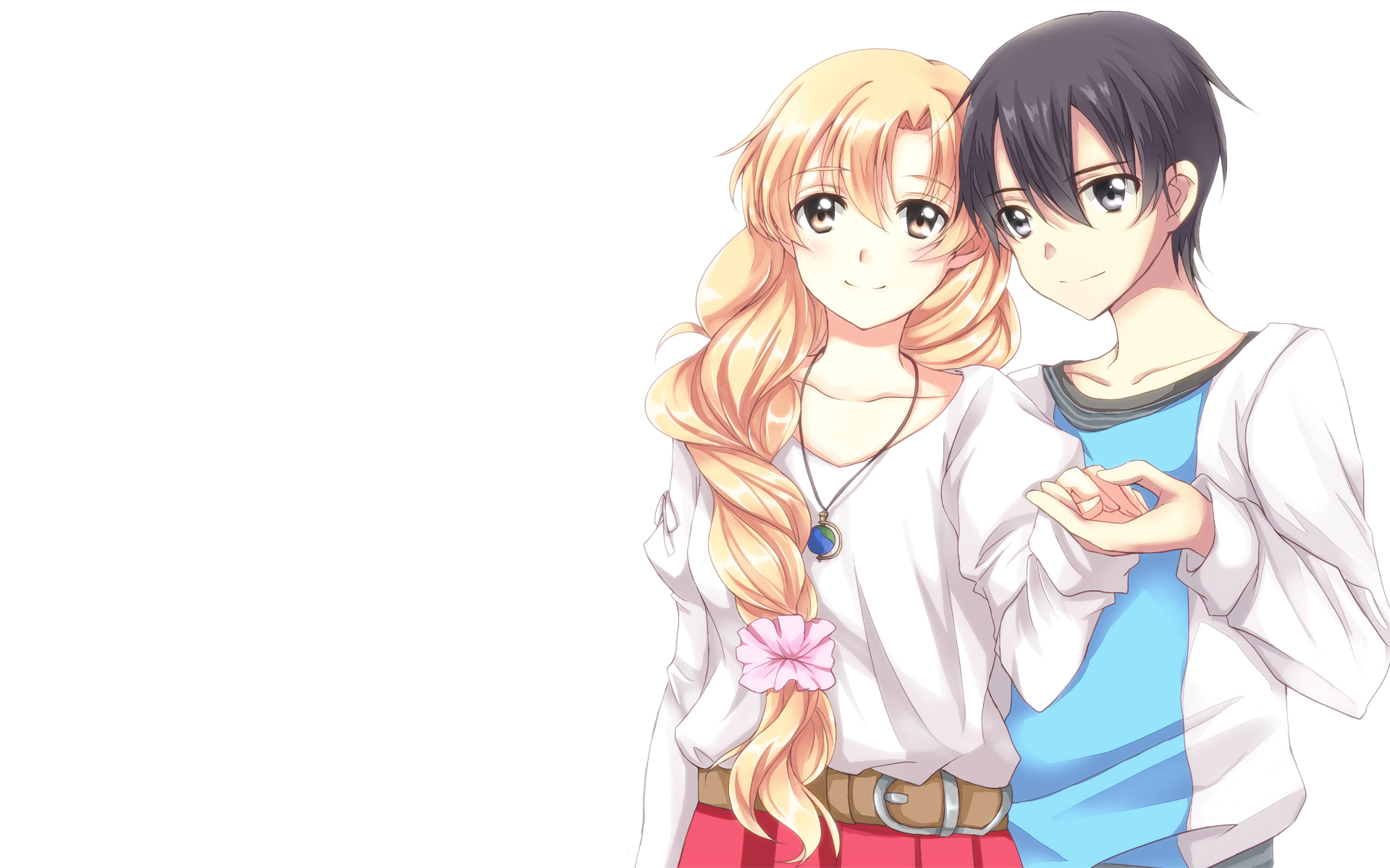 HD desktop wallpaper featuring Kirito and Asuna Yuuki from Sword Art Online. The anime characters are posing together against a white background.