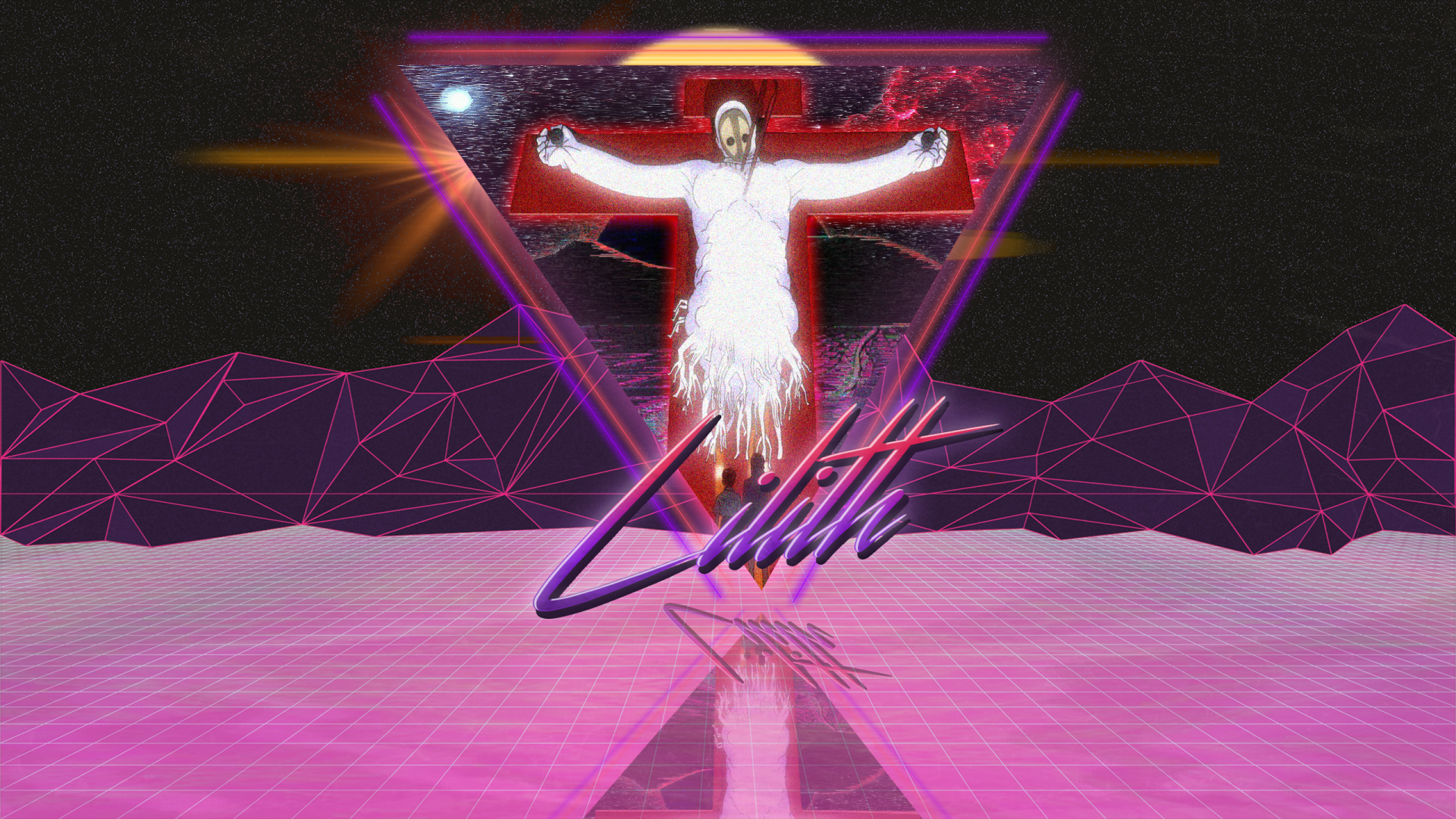 HD PC desktop wallpaper featuring Lilith from Neon Genesis Evangelion in a retro-futuristic anime style with vibrant neon colors and geometric patterns.