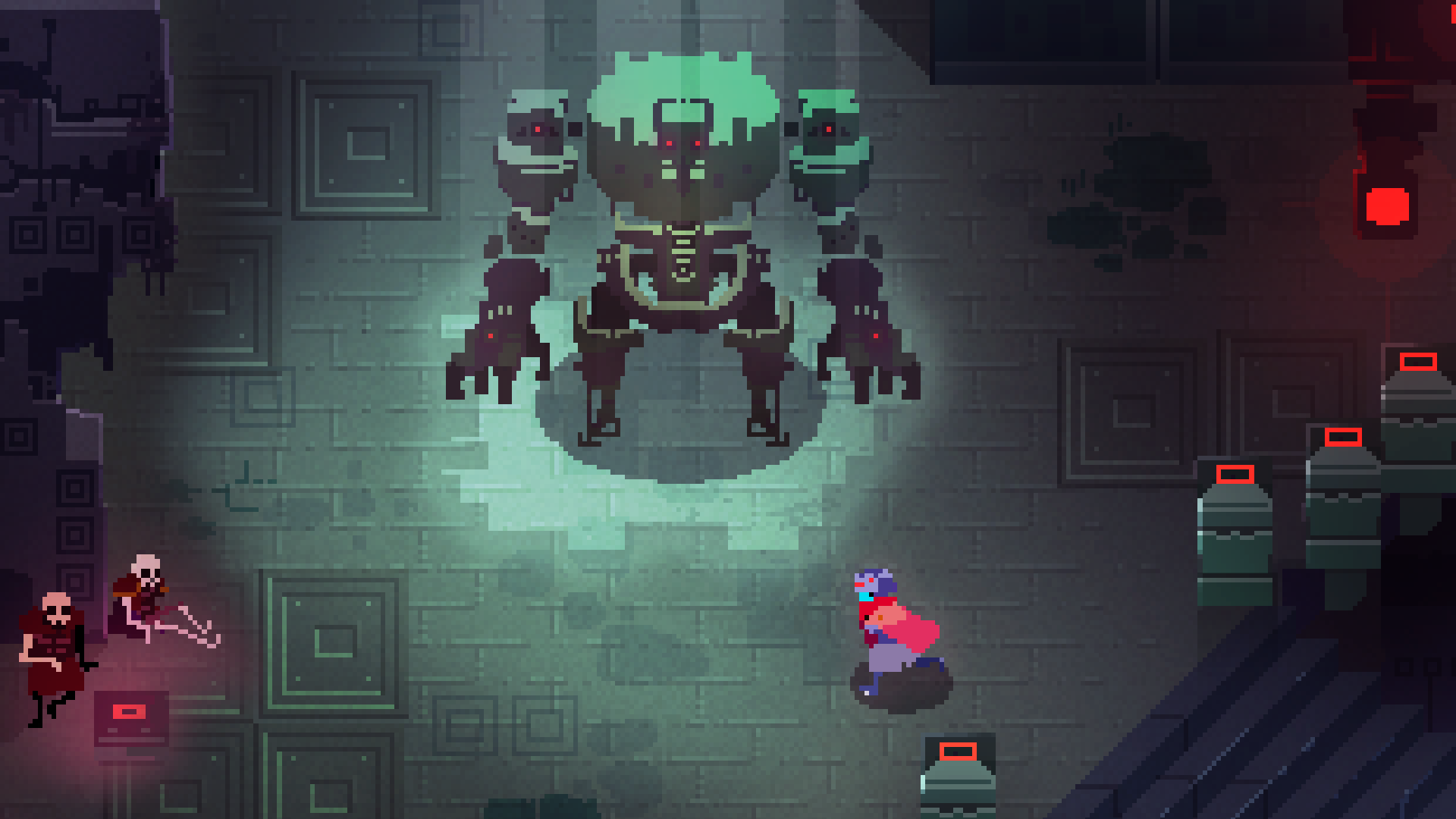 HD desktop wallpaper of Hyper Light Drifter game with a character confronting a towering enemy in a pixelated, moody setting.