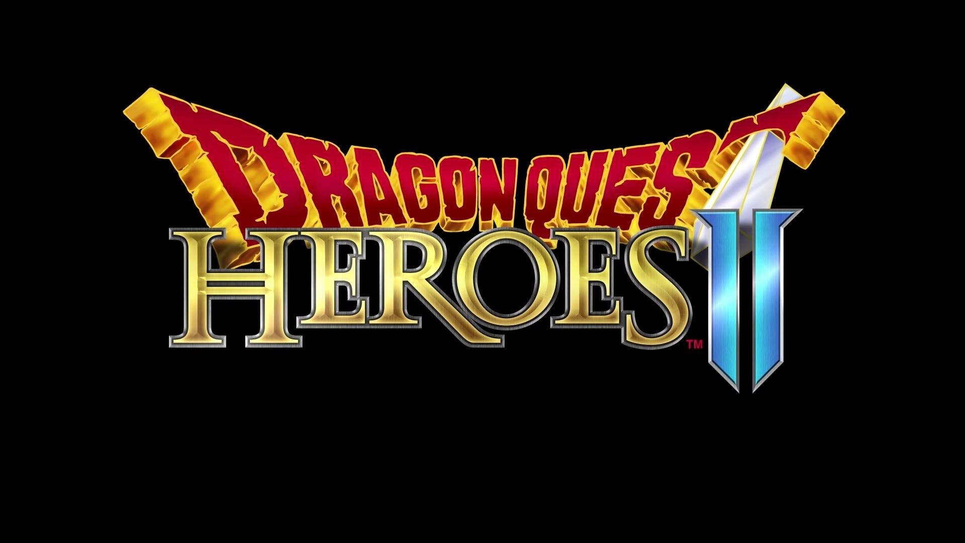 HD desktop wallpaper of Dragon Quest Heroes II logo with a stylized golden font on a dark background.