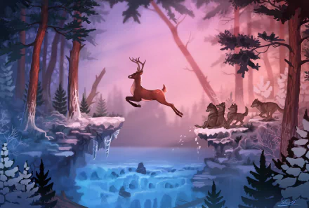 HD wallpaper with a fantasy winter landscape featuring a deer leaping across a frozen river, pursued by a pack of wolves.