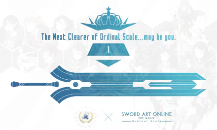 HD PC desktop wallpaper featuring a stylized blue sword and text from the anime Sword Art Online, highlighting The Next Clearer of Ordinal Scale.