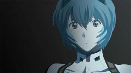 HD desktop wallpaper featuring Rei Ayanami from the anime Evangelion: 1.0 You Are (Not) Alone, with a dark background and close-up focus on her face.