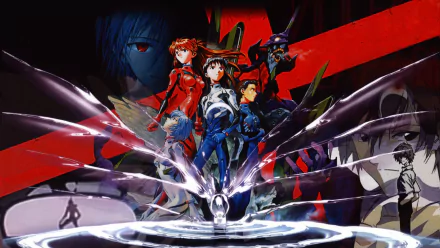 HD PC desktop wallpaper featuring Shinji Ikari, Rei Ayanami, and Asuka Langley Sohryu from the anime Neon Genesis Evangelion in dynamic poses with a bold red and black background.