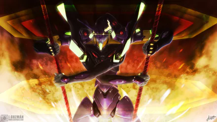 HD desktop wallpaper featuring Evangelion Unit-13 from the anime Neon Genesis Evangelion, depicted in a dynamic, fiery background with vibrant colors and intense lighting.