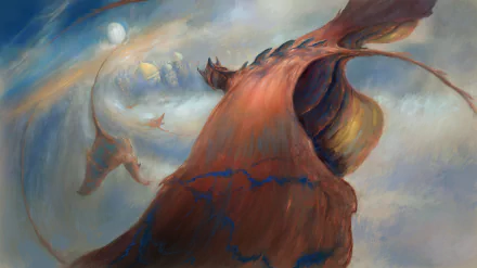 A stunning 4K Ultra HD fantasy cityscape with dragons soaring through swirling clouds, blending mythical elements with an ethereal atmosphere.