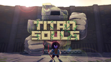 HD wallpaper featuring Titan Souls game, with the title logo and a character standing in front of an ancient temple.