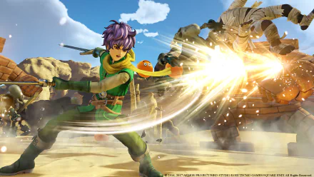A dynamic scene from Dragon Quest Heroes II showcases a hero in vibrant green battling a foe, capturing the excitement and adventure of this HD video game wallpaper.