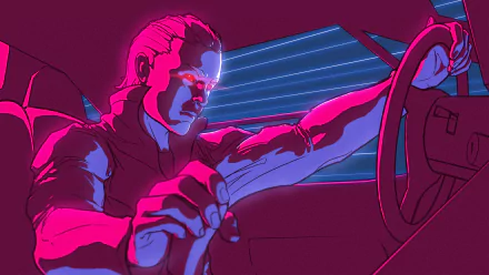 An HD desktop wallpaper featuring a pink, vaporwave, outrun-themed artistic illustration of a person driving a car. The retro wave aesthetic is highlighted by bold colors and dynamic lines.