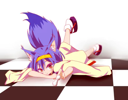 HD PC desktop wallpaper of Izuna Hatsuse (No Game No Life): lying on a chessboard, purple hair and fox ears, yellow kimono-like robe and a playful, mischievous expression.