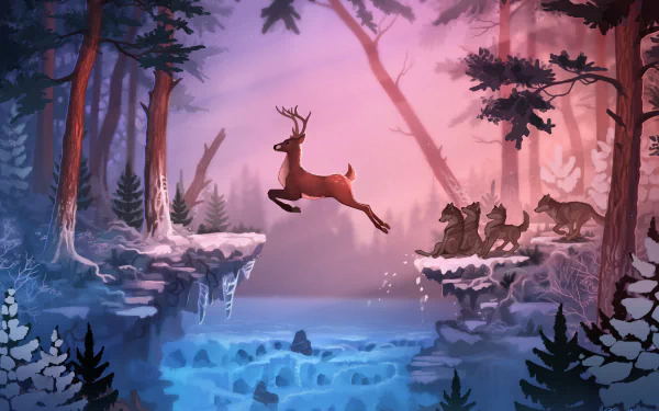 HD wallpaper with a fantasy winter landscape featuring a deer leaping across a frozen river, pursued by a pack of wolves.