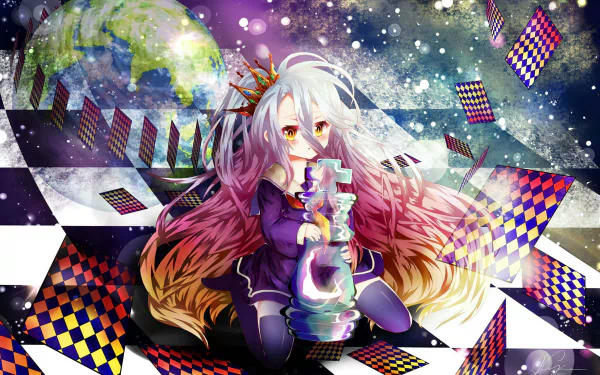 HD desktop wallpaper featuring Shiro from the anime No Game No Life, showcasing a vibrant, cosmic background adorned with floating playing cards and a depiction of Earth in the distance.