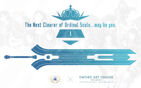 HD PC desktop wallpaper featuring a stylized blue sword and text from the anime Sword Art Online, highlighting The Next Clearer of Ordinal Scale.