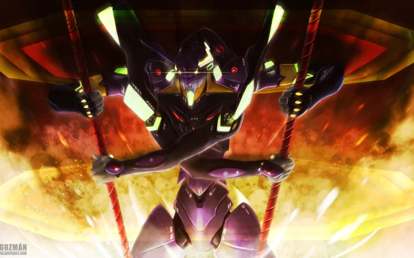 HD desktop wallpaper featuring Evangelion Unit-13 from the anime Neon Genesis Evangelion, depicted in a dynamic, fiery background with vibrant colors and intense lighting.