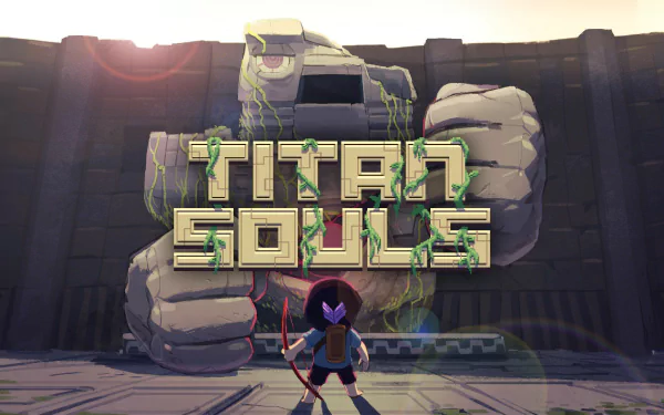 HD wallpaper featuring Titan Souls game, with the title logo and a character standing in front of an ancient temple.