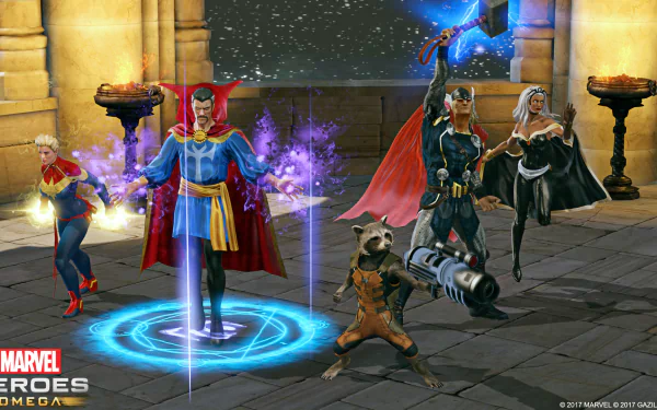 HD desktop wallpaper featuring Marvel Heroes Omega characters: Storm, Doctor Strange, Thor, and Rocket Raccoon in an action pose.