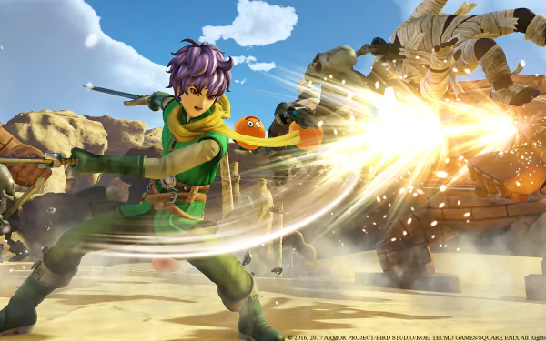 A dynamic scene from Dragon Quest Heroes II showcases a hero in vibrant green battling a foe, capturing the excitement and adventure of this HD video game wallpaper.