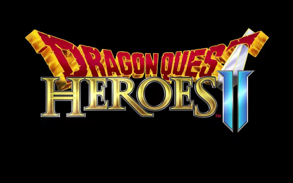 HD desktop wallpaper of Dragon Quest Heroes II logo with a stylized golden font on a dark background.