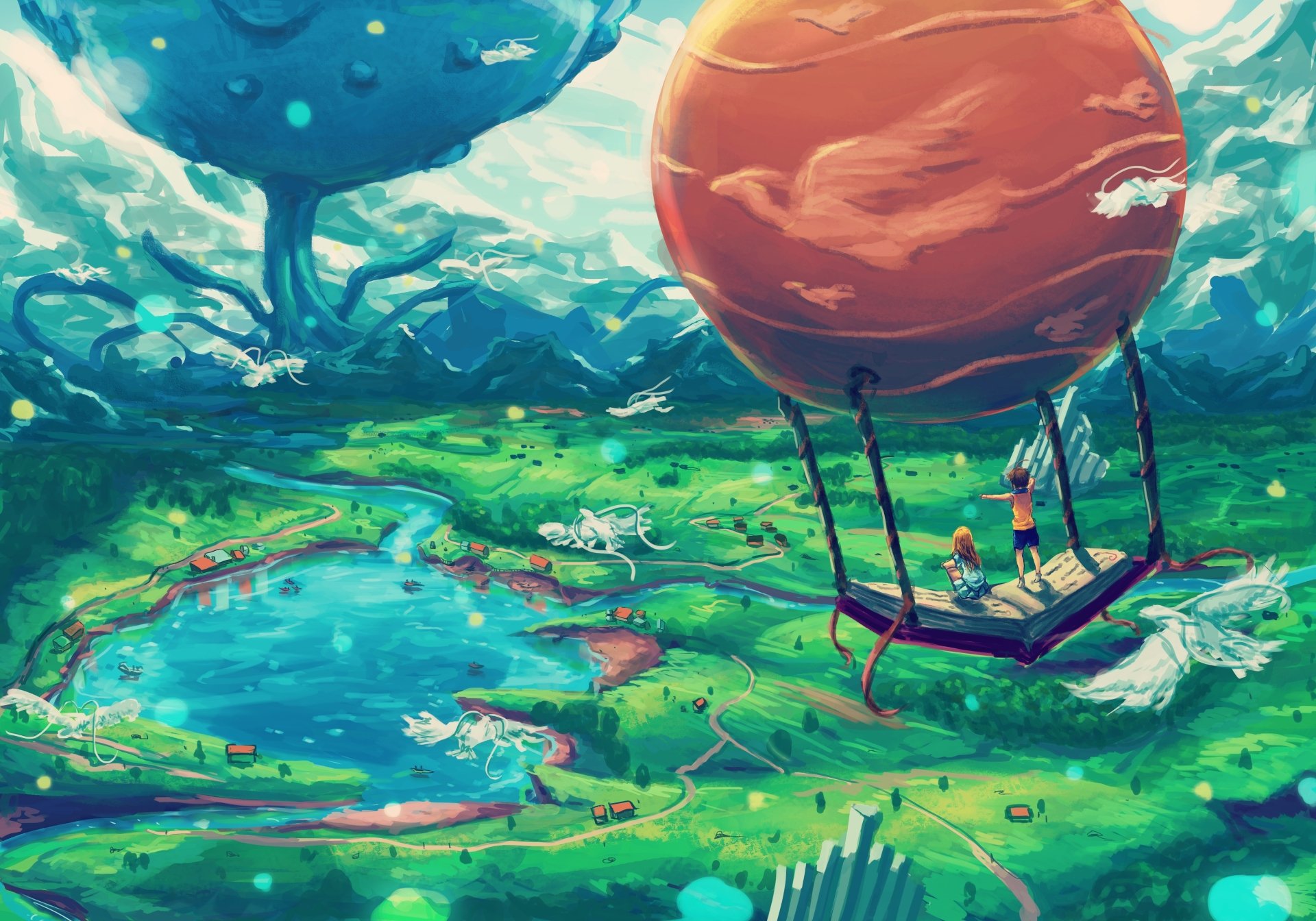 A fantasy HD wallpaper featuring a child and an adult in a hot air balloon, soaring over a lush landscape with a lake, birds, and towering book-like structures in the distance.