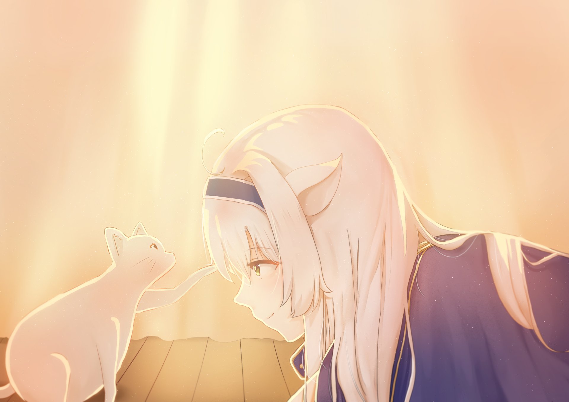 A serene scene from Rokudenashi Majutsu Koushi to Akashic Records features Sistine Fibel gently interacting with a cat, illuminated by soft, warm light, creating an enchanting wallpaper backdrop.