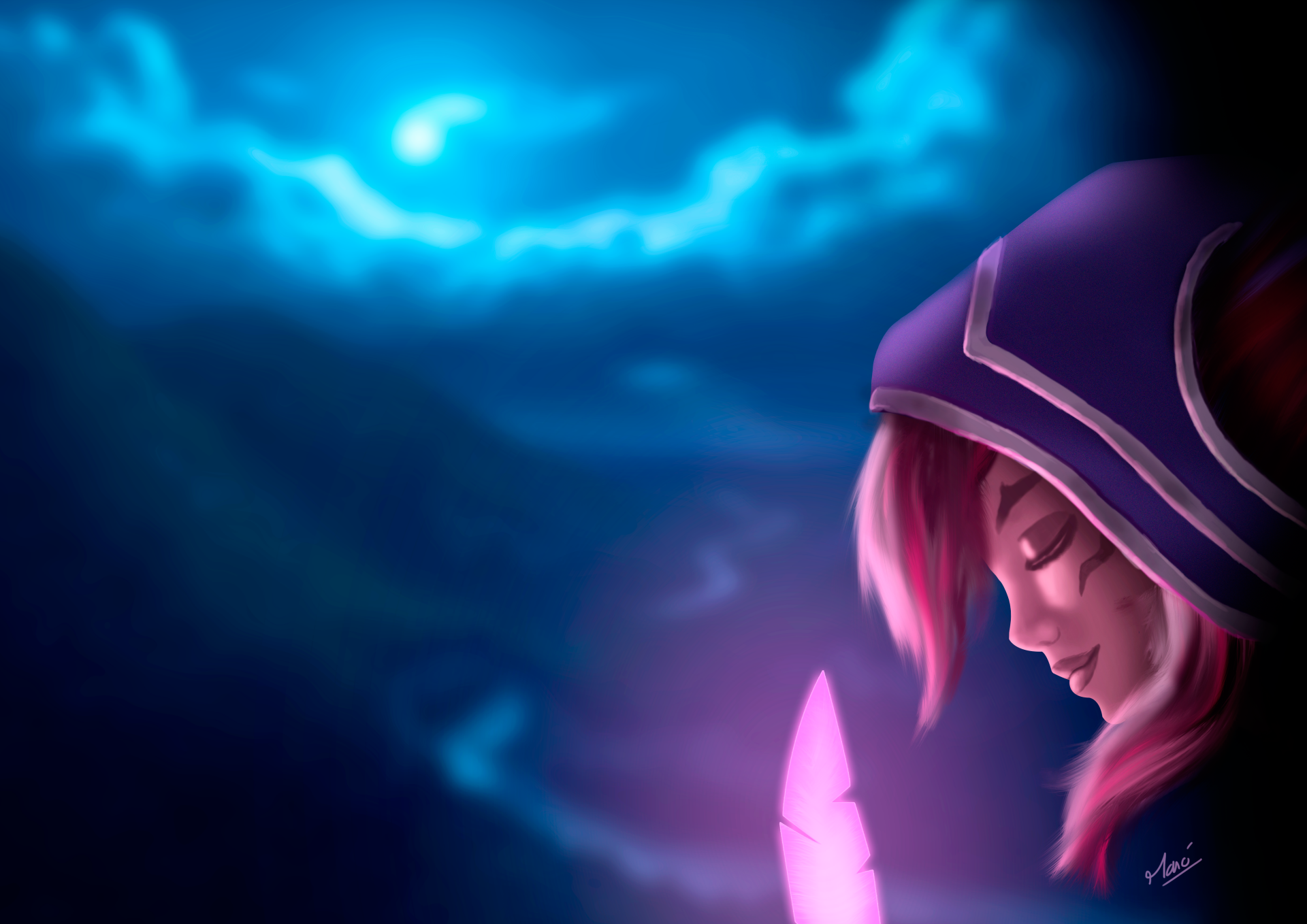 HD desktop wallpaper featuring Xayah from League of Legends, holding a glowing feather against a mystical night sky.