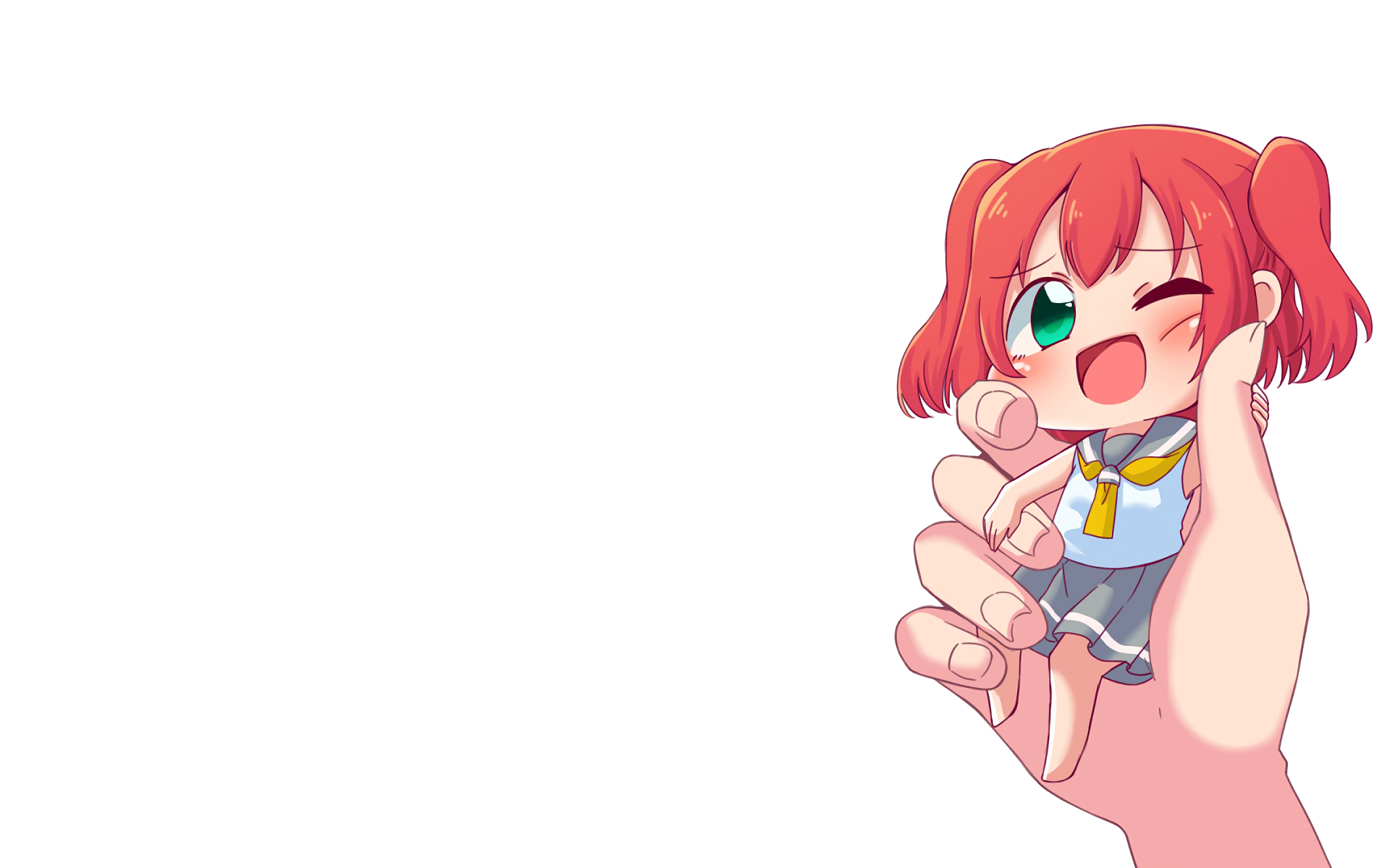 Chibi Ruby Kurosawa from Love Live! Sunshine!! winking and smiling while held gently in a hand, displayed as an HD PC desktop wallpaper and background.