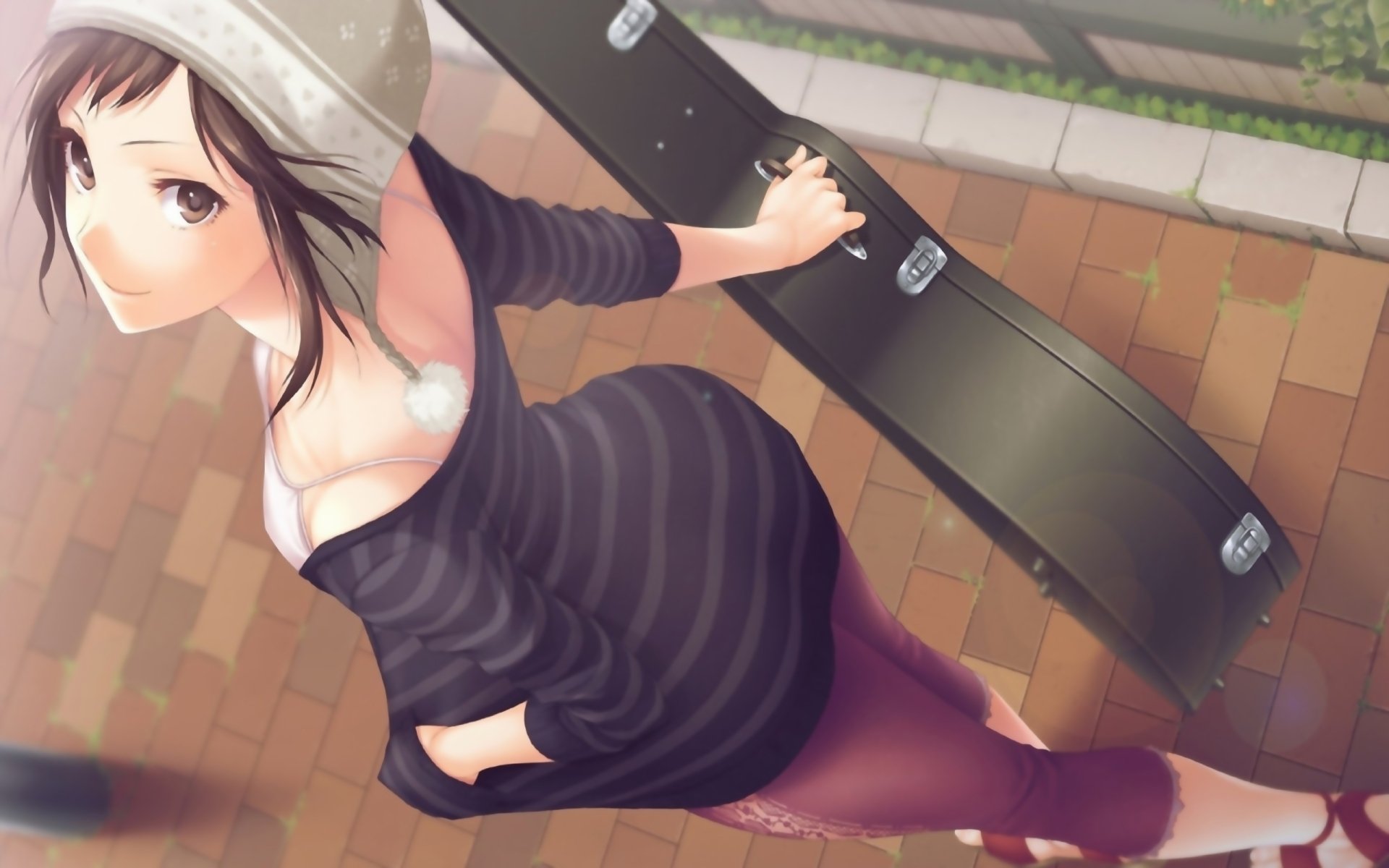 HD desktop wallpaper featuring an original anime character wearing a striped sweater, beanie, and holding a guitar case, standing on a brick path.