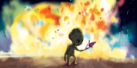 HD desktop wallpaper featuring Baby Groot from Guardians of the Galaxy Vol. 2, holding a butterfly against a vibrant, colorful background.