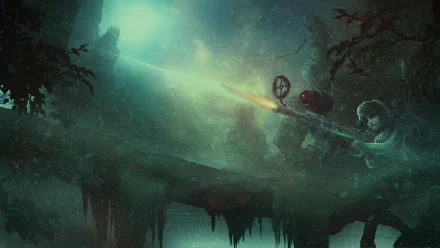 Caitlyn (League of Legends) fires her rifle across a misty floating-ledge forest; a green tracer cuts the night — HD PC desktop wallpaper/background from the video game League of Legends.