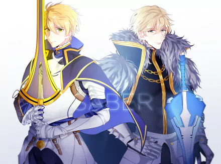 Anime Fate/Prototype HD PC desktop wallpaper of two blond armored knights in blue-and-white cloaks — one with a golden sword, the other holding a blue shield with fur-trimmed cape.