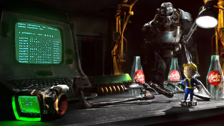 A detailed Fallout 4 wallpaper featuring a retro computer with code, a miniature Vault Boy figurine, and a Power Armor suit in a dimly lit industrial setting.