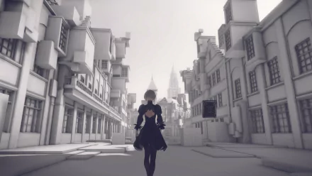 HD desktop wallpaper featuring a character from the video game NieR: Automata, walking through a monochromatic, futuristic cityscape.